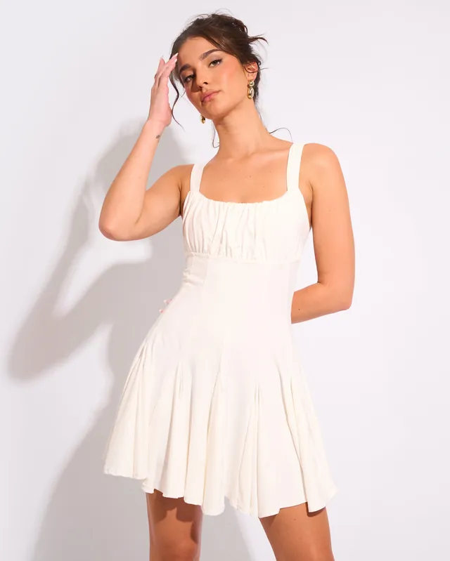 Ruched Detail Mini Skater Dress Ivory - Public Desire