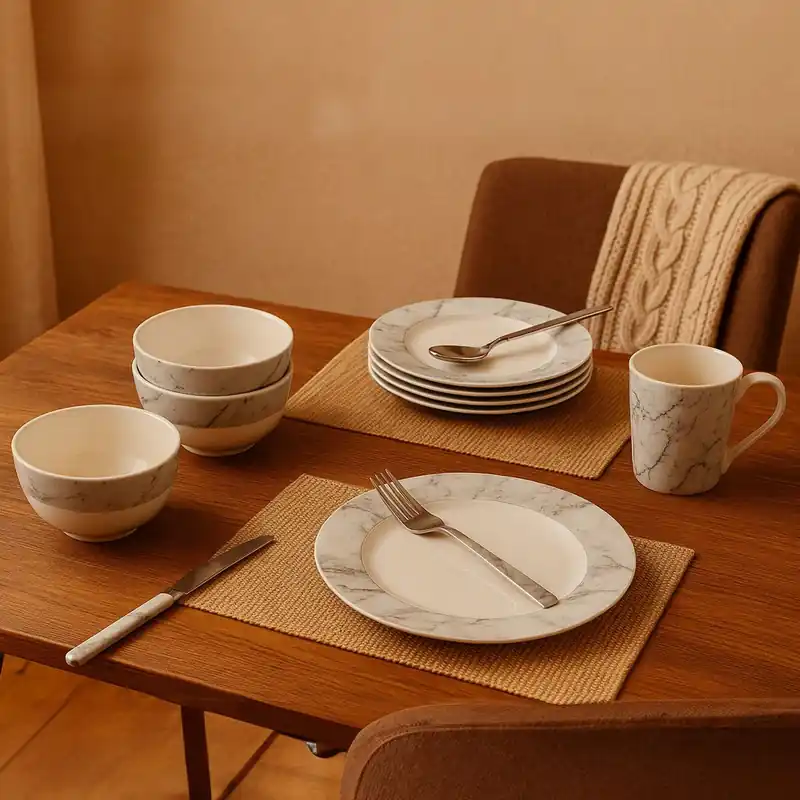 16 Piece White & Grey Marble Effect Dinner Set,Porcelain Dinnerware Bowls & Side Plates,Glazed Crockery Set - Orsina
