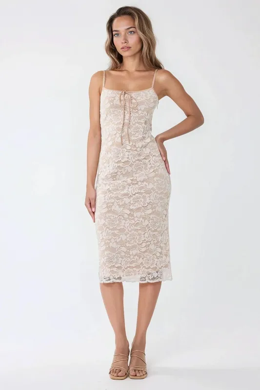 Square Collar Lace Midi Bodycon Dress - Hiccup