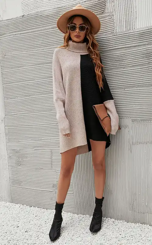 High Neck Half Forest Beige & Black Block Colour Jumper Top - FS Collection