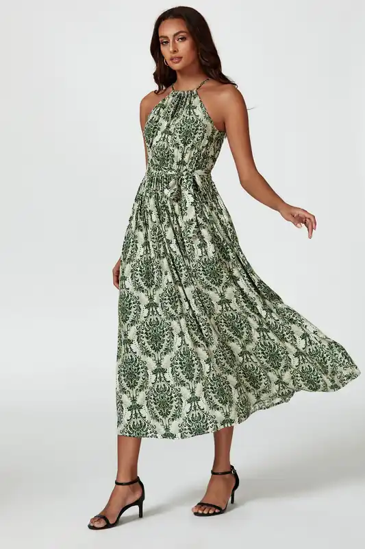 Green & Beige Floral Print Tie Halterneck Maxi Dress - FS Collection