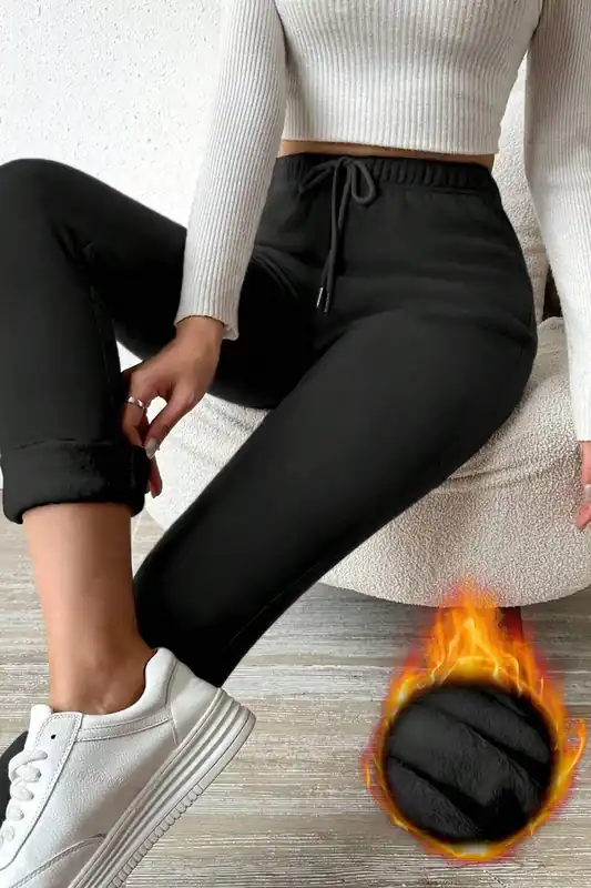 Black Thermal Lined Drawstring High Waist Leggings - Everyday The Label