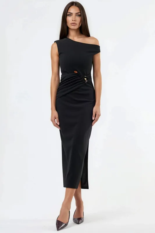 Asymmetrical Collar Midi Dress with Accessory Details - Busem