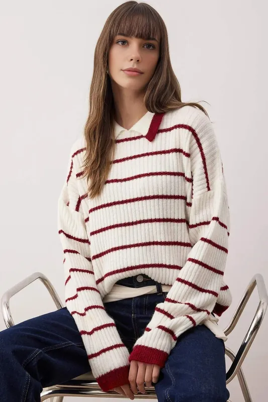 Striped Polo Neck Ribbed Knit Sweater - WOVCOR