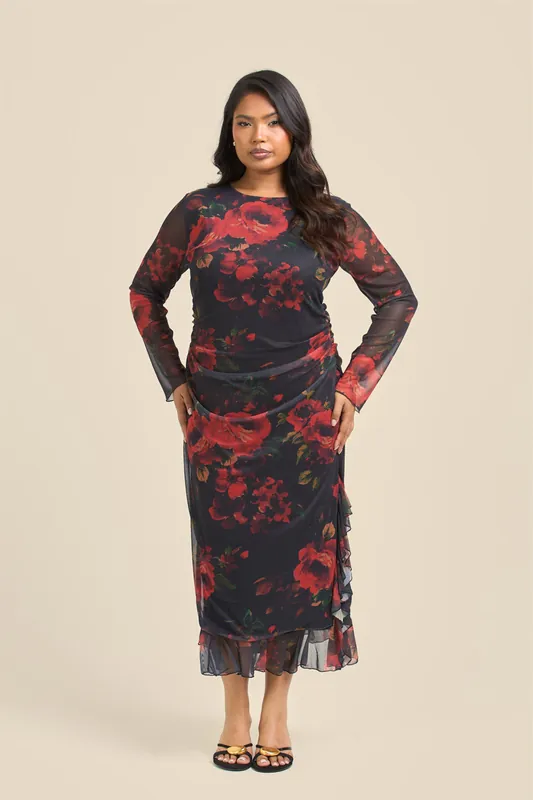Curve Rose Print Ruffle Hem Mesh Midi Dress - FASHION-SZN