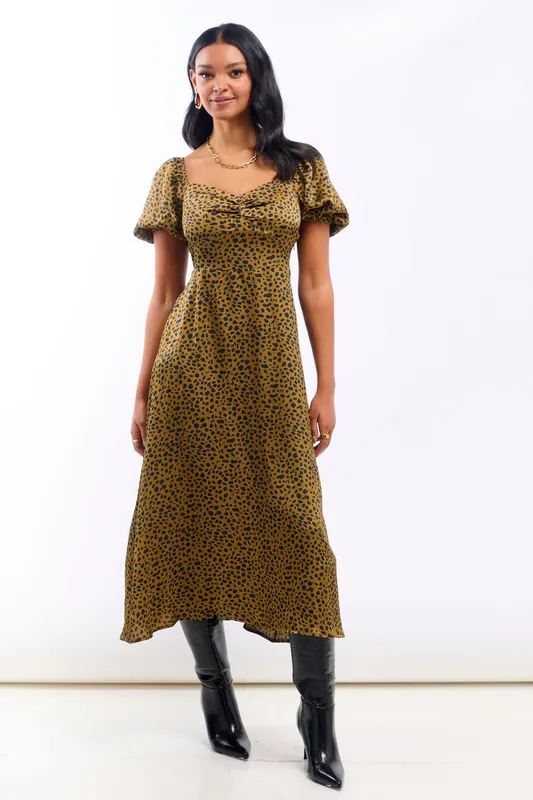 Brown Animal Satin Sweetheart Neck Midi Dress - Needs No Label
