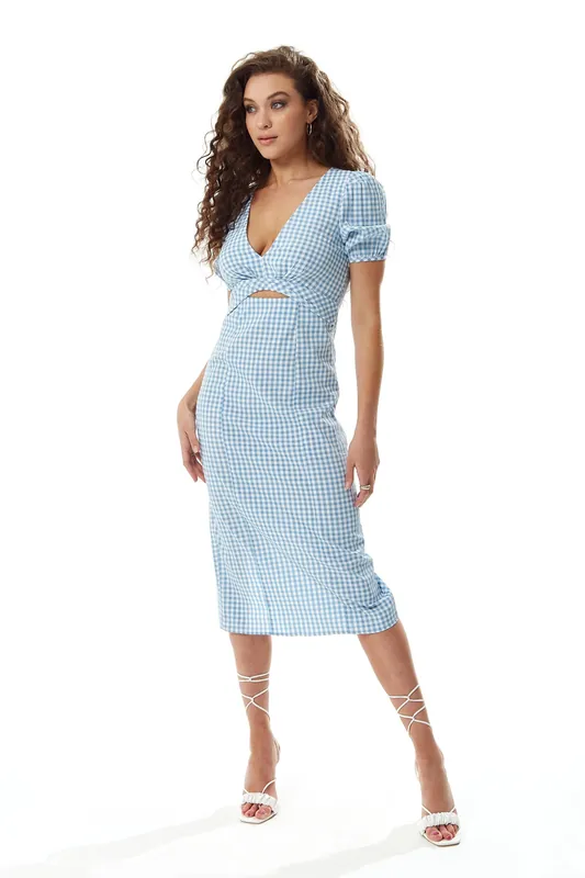 Gingham Cut out front Midi Dress in Blue and White - Liquorish