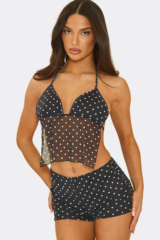 Panelled Sleeveless Halter Neck Panelled Polka Dot Mesh Top - EGO