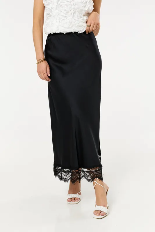 Black Lace Trim Satin Maxi Skirt - Liquorish