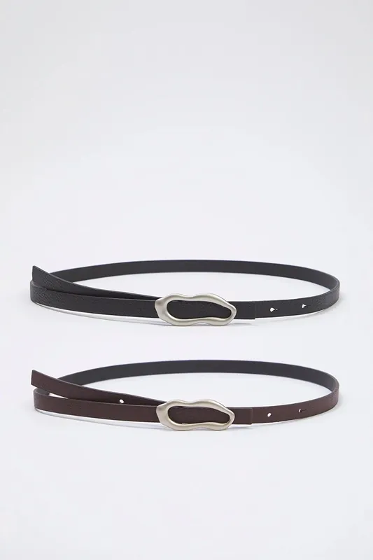 Double Pack Silver Sculptural Buckle Slim Faux Leather Belt - WOVCOR