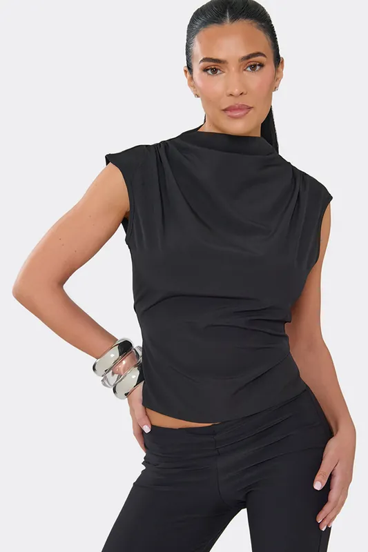 Short Sleeve High Neck Ruched Top - EGO
