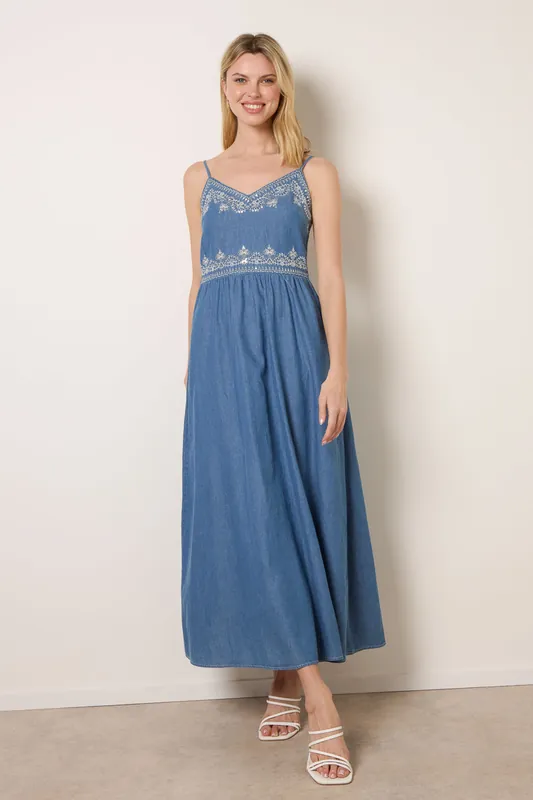 Dark Indigo Floral Embroidery Adjustable Strap Maxi Dress - Blue Vanilla