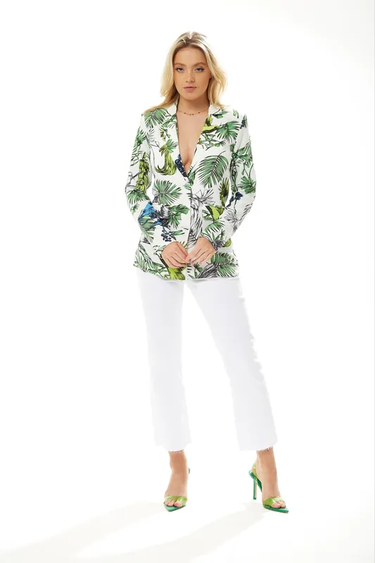 Bird and Floral Print Blazer in White - Liquorish