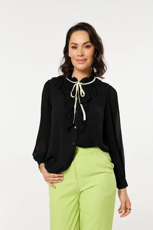 Black Ruffle Tie-Neck Pleated Shirt