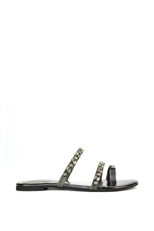 Sammie' Flat Strappy Sparkly Crystal Slider Mule Sandal Shoes With Toe Post - XY London
