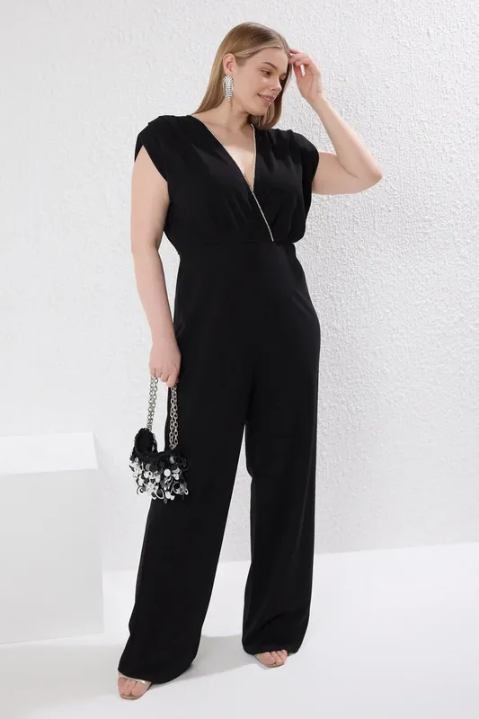 Plunge Neck Wide Leg Jumpsuit with Draped Sleeve Detail - WOVCOR