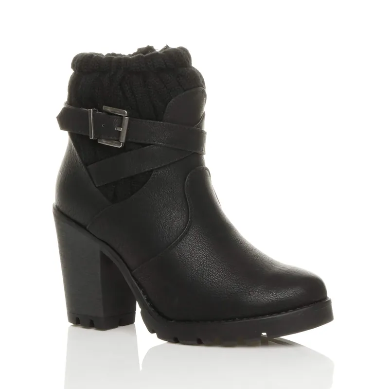 High Block Heel Knitted Collar Biker Ankle Boots - AJVANI