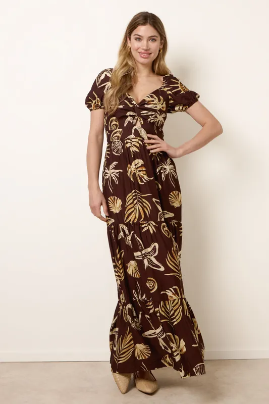 Brown Shell Knot Front Puff Sleeve Midi Dress - Blue Vanilla