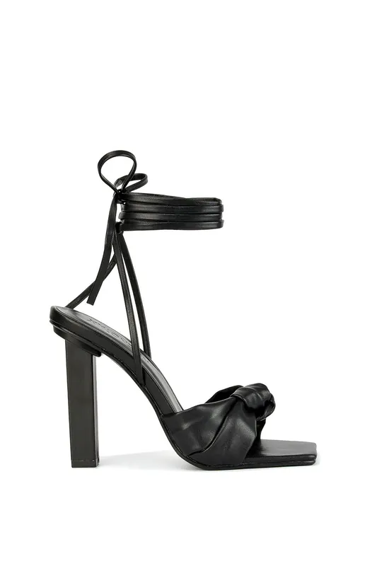Evelyn' Knot Detail Strappy Lace Up Square Toe Block High Heel Sandals - XY London