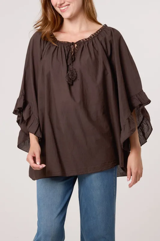 Brown Bardot Cotton Tie Neck Top - Blue Vanilla