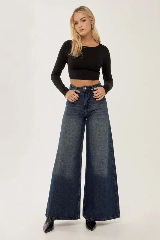 Washed Effect Wide Leg Denim Jeans - Hiccup