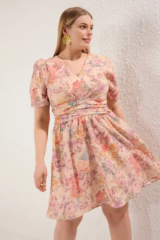 V-Neck Floral Fit & Flare Mini Dress with Puff Sleeves