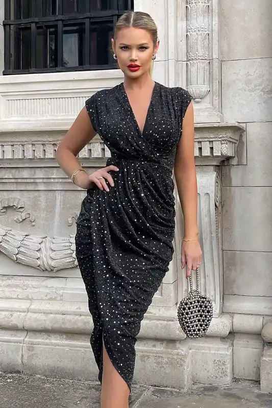 Black Glitter Wrap Draped Midi Dress - AX Paris