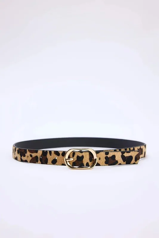 Leopard Print Faux Hair Oval Buckle Fashion Belt - WOVCOR
