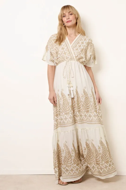 White Metallic Embroidered Maxi Dress - Blue Vanilla