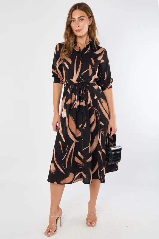 Black and Copper Painterly Print Midi Shirt Dress - Love Sunshine