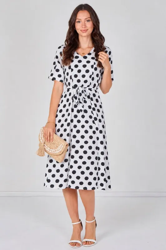 White Polka Dot Short Sleeve Midi Dress - Love Sunshine