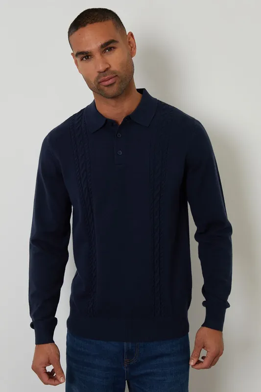Cable Knit Long Sleeve Polo Jumper - Threadbare