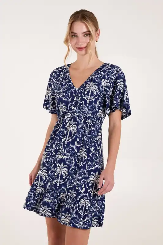 Button Through Elastic Waist Mini Dress - Blue Vanilla