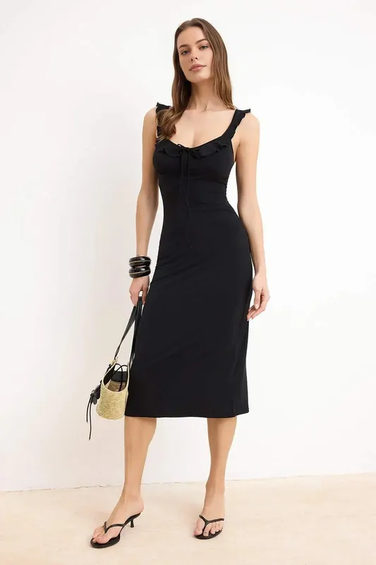 V Neck Ruffle Detail Sleeveless Bodycon Midi Dress - WOVCOR