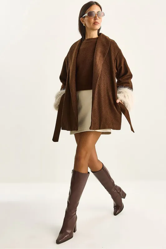 Oversized Shawl Collar Felt Jacket with Faux Fur Cuffs - Bianco Lucci