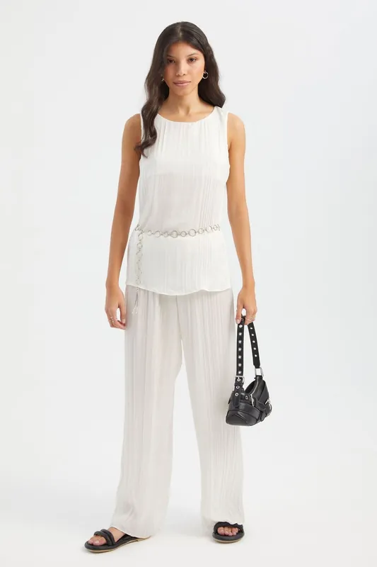 Round Neck Plisse Blouse with a Belt Detail - Hiccup