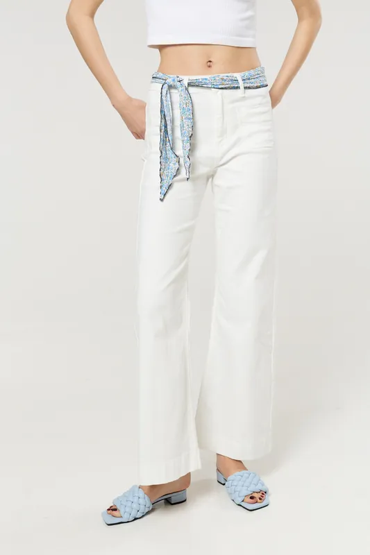 White Scarf Belt Wide Leg Jeans - Liquorish