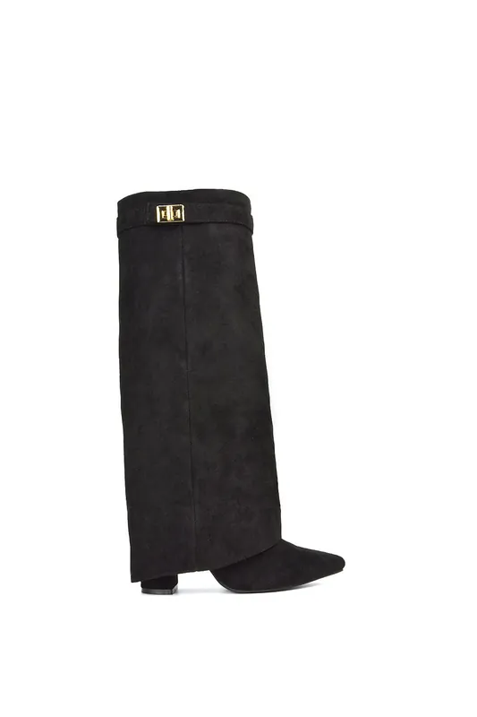'Rayna' Block Heel Knee High Foldover Boots With Pointed Toe - XY London