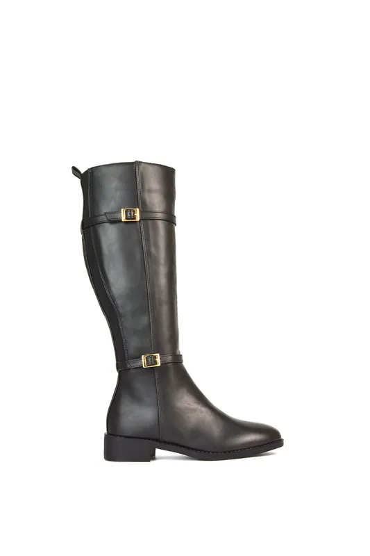Ellis' Flat Heel Stretch Knee High Long Boots With Buckle Details - XY London