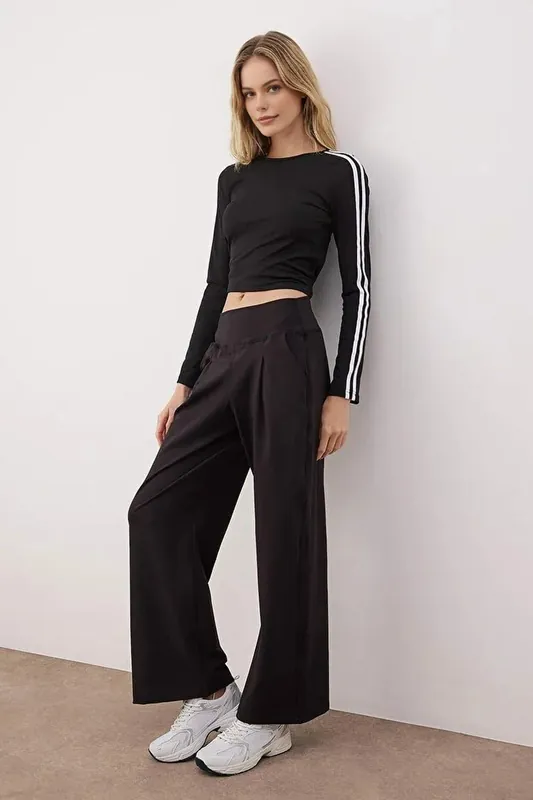 High Waist Pleated Wide Leg Brushed Knit Sports Joggers - WOVCOR