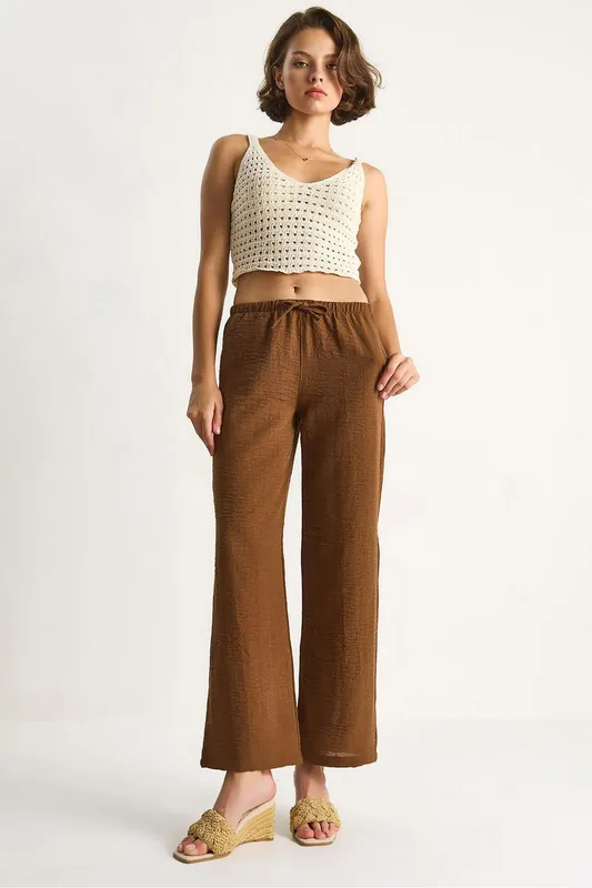 Linen Drawstring Waist Straight Leg Pants - Bianco Lucci