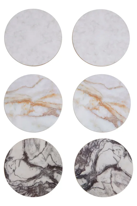 Set Of 6 Assorted Marble Effect Cork Coasters, Multicoloured Wavy Pattern Drink Mats, Heat Resistant - Orsina