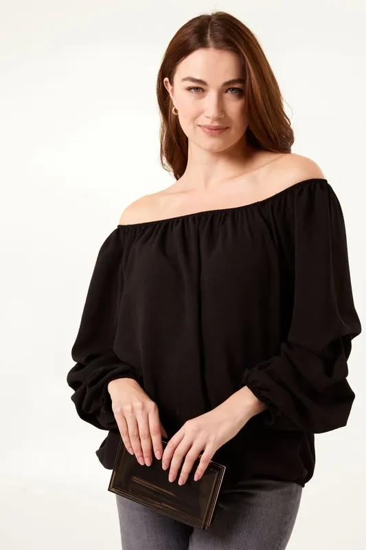 Bardot Elasticated Ruched Sleeve Top - Blue Vanilla