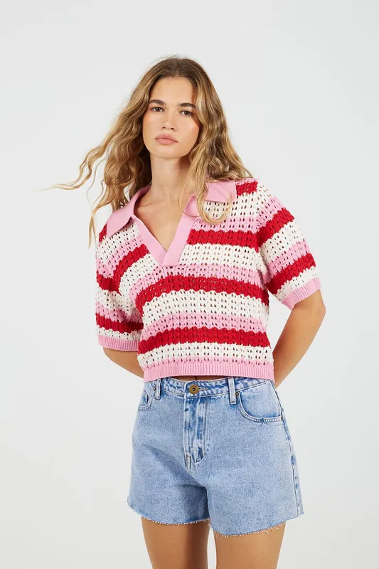 Stripe Pointelle Knit Collared T-Shirt