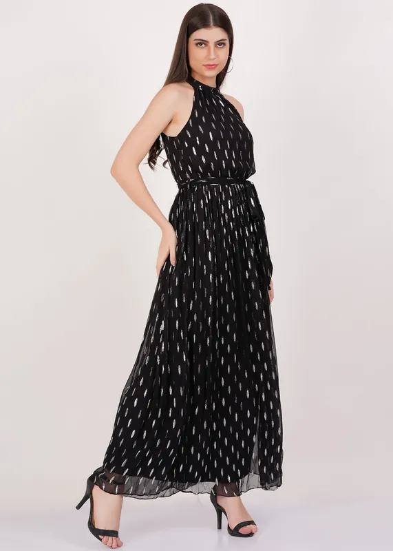 Black Jacquard Halter Neck Maxi Dress - Gini London