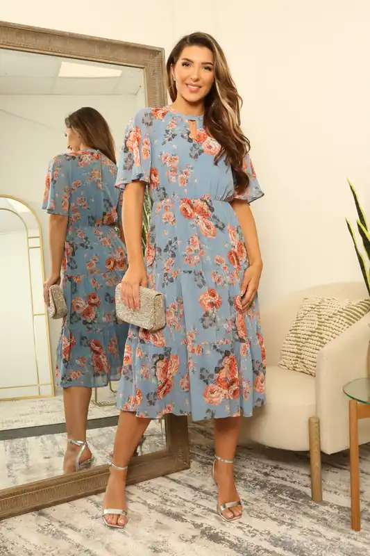 Floral Floaty Raglan Sleeve Tiered Dress - DOUBLE SECOND
