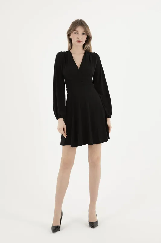 V Neck Long Sleeve Mini Skater Dress - Hiccup