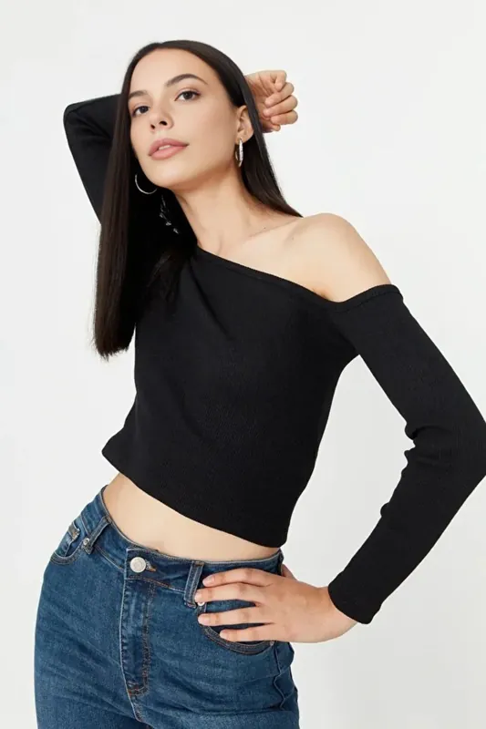 Asymmetrical Ribbed Knit Top With One-Shoulder Drape Detail