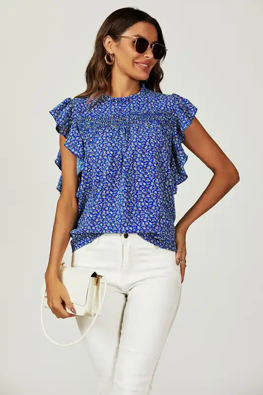 Floral Print Frill Hem Short Sleeve Blouse Top In Blue - FS Collection