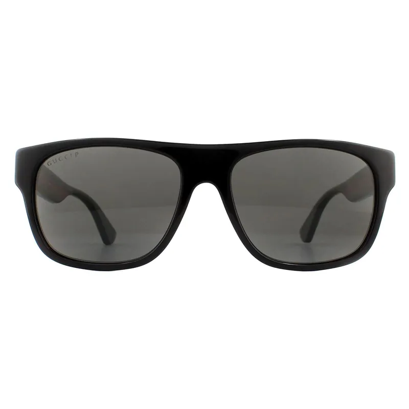 Rectangle Black with Green and Red Stripe Grey Polarized Sunglasses - Gucci